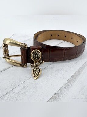 Vintage 1995 Brighton Belt XS 24-28” Brown Croc Embossed Leather Heart Charm